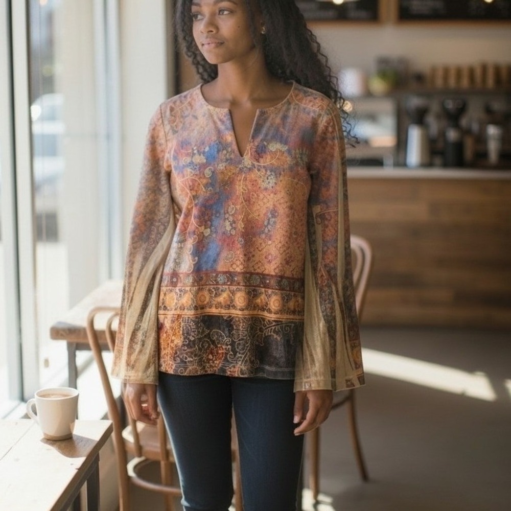 Simply Suzie Womens Paisley Velvet Rhinestone V-Neck Top Golden Yellow L
